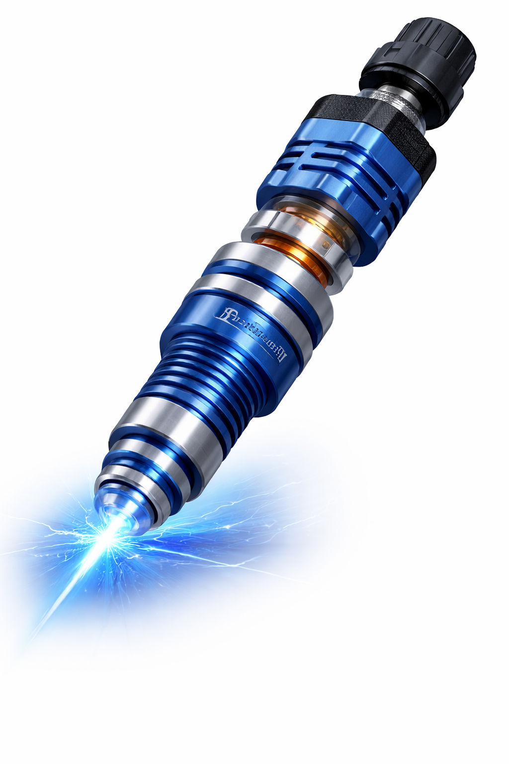 Exploded concept render of the PhotonFlame photonic ignition module, spark-plug-compatible with M14 x 1.25 threading